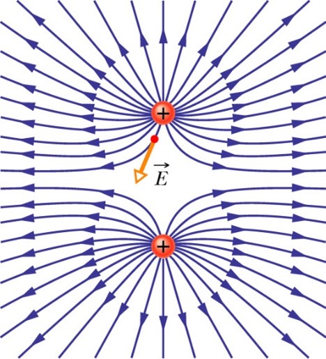 Representation of the electric field of two positive charges (like charges) placed close together.