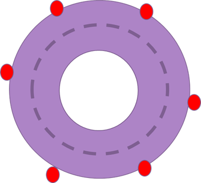 The cross-section of a conductor, where the red circles represent the excess charge which will move to the outside surface of the conductor. The dotted line can be selected as a Gaussian surface to show that the field inside the conductor is zero (because there is no (net) charge enclosed in this Gaussian surface).