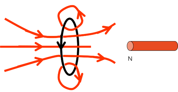 A current loop and its associated magnetic field (left) and a bar magnet (right).